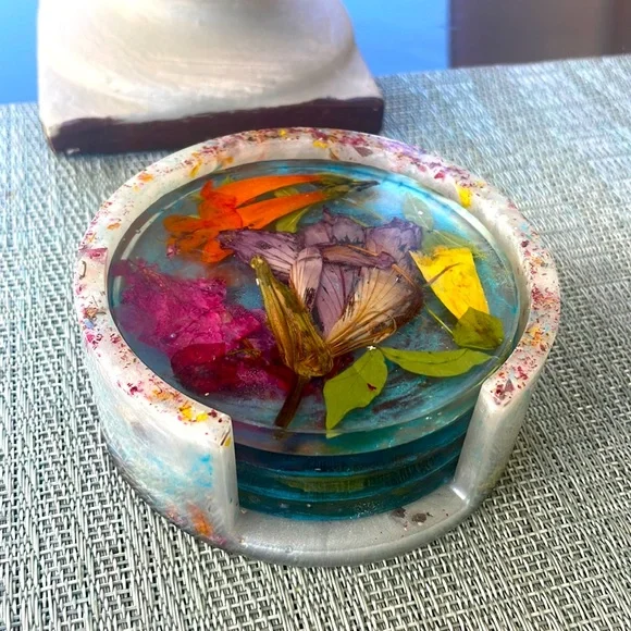 Handmade Pressed Flower Coaster Set and Holder Round Colorful - Picture 1 of 16